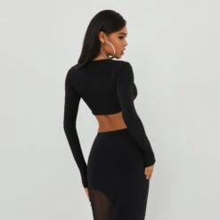 EGO Long Sleeve Contrast Swirl Detail Dipped Hem Crop Top In Black Mesh And Slinky -Sperrryego Store 25 10 22 jul15729 copy 2