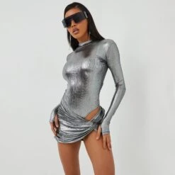 EGO High Neck Long Sleeve Bodysuit In Grey Metallic