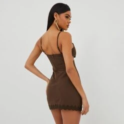 EGO Square Neck Underbust Detail Lace Trim Mini Dress In Brown Woven -Sperrryego Store 25 10 22 jul16433