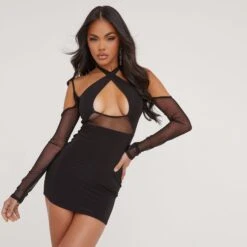 EGO Cold Shoulder Cross Front Detail Mesh Contrast Mini Bodycon Dress In Black Slinky