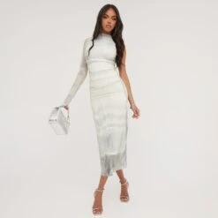 EGO One Sleeve High Neck Printed Maxi Dress In Ivory Mesh