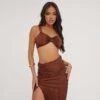EGO Ruched Strap Detail Bralet In Brown Plisse