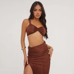 EGO Ruched Strap Detail Bralet In Brown Plisse