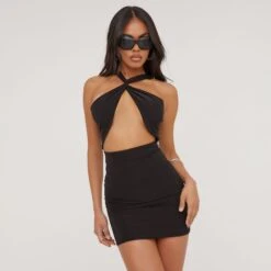 EGO Cross Front Cut Out Detail Mini Bodycon Dress In Black Slinky