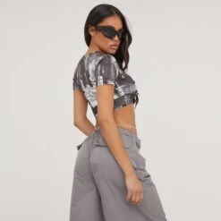 EGO Capped Sleeve Graffiti Detail Cropped Tee In Mono Print -Sperrryego Store 27 04 23 jul91194 s