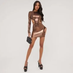EGO Long Sleeve Cut Out Back Strappy Detail Mini Bodycon Dress In Bronze Metallic -Sperrryego Store 27 04 23 jul91329 s