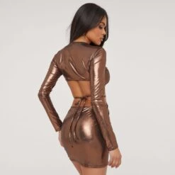 EGO Long Sleeve Cut Out Back Strappy Detail Mini Bodycon Dress In Bronze Metallic -Sperrryego Store 27 04 23 jul91344 s
