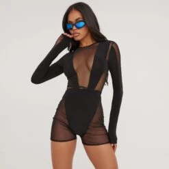 EGO Long Sleeve Mesh Panel Detail Crop Top In Black