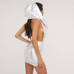 EGO Hooded Open Back Ruched Detail Mini Bodycon Dress In Silver Metallic -Sperrryego Store 27 04 23 jul91694 s