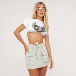 EGO Tie Waist Detail Pocket Cargo Mini Skirt In Mint Green