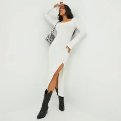 EGO Square Neck Long Sleeve Side Split Midi Bodycon Dress In Cream Ribbed Knit
