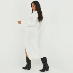 EGO Square Neck Long Sleeve Side Split Midi Bodycon Dress In Cream Ribbed Knit -Sperrryego Store 27 09 22 julyanna0371 copy
