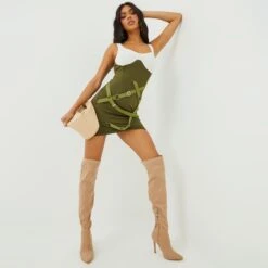 EGO Scoop Neck Buckle Ring Detail Underbust Mini Bodycon Dress In Khaki -Sperrryego Store 27 09 22 julyanna0381 copy