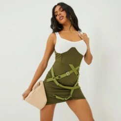 EGO Scoop Neck Buckle Ring Detail Underbust Mini Bodycon Dress In Khaki