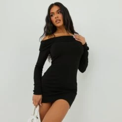 EGO Bardot Long Sleeve Mini Bodycon Dress In Black Knit -Sperrryego Store 27 09 22 julyanna3831 copy
