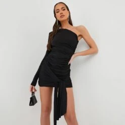 EGO One Shoulder Tie Front Ruched Detail Mini Bodycon Dress In Black Slinky -Sperrryego Store 27 10 22 julia16817 copy 2