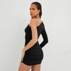 EGO One Shoulder Tie Front Ruched Detail Mini Bodycon Dress In Black Slinky -Sperrryego Store 27 10 22 julia16851 copy 2