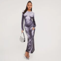 EGO Long Sleeve Body Print Illusion Maxi Dress In Grey Slinky