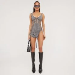 EGO Low Scoop Neck Extreme Lace Up Detail Tie Back Split Side Mini Dress In Grey