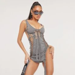 EGO Low Scoop Neck Extreme Lace Up Detail Tie Back Split Side Mini Dress In Grey -Sperrryego Store 28 02 23 jul62979 s