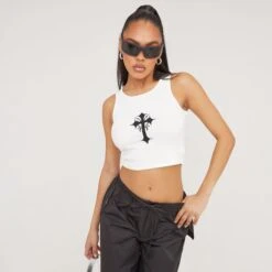 EGO Sleeveless Cross Patch Detail Cropped Vest In White
