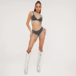 EGO High Waist Diamante Detail Mini Bodycon Skirt In Mesh