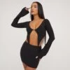EGO Long Sleeve Pointed Hem Detail Top In Black Slinky