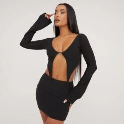 EGO Long Sleeve Pointed Hem Detail Top In Black Slinky