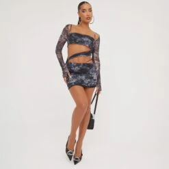 EGO Strappy Long Sleeve Cut Out Detail Mini Bodycon Dress In Grey Printed Mesh -Sperrryego Store 28 03 23 ming76074 s