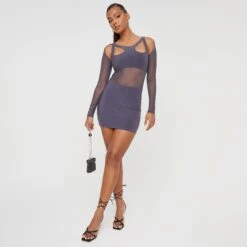 EGO Long Sleeve Cut Out Mesh Detailing Mini Bodycon Dress In Grey Slinky -Sperrryego Store 29 11 22 pam30345 sq