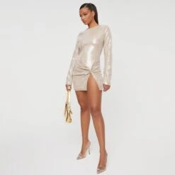 EGO Long Sleeve Twisted Front Split Detail Mini Dress In Nude Sequin -Sperrryego Store 29 11 22 pam30784 copy