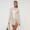 EGO Long Sleeve Twisted Front Split Detail Mini Dress In Nude Sequin