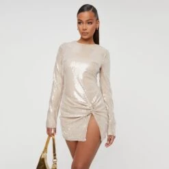 EGO Long Sleeve Twisted Front Split Detail Mini Dress In Nude Sequin