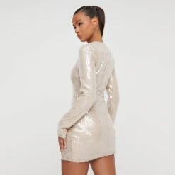 EGO Long Sleeve Twisted Front Split Detail Mini Dress In Nude Sequin -Sperrryego Store 29 11 22 pam30812 copy
