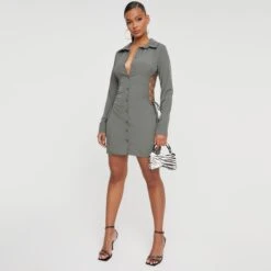 EGO Long Sleeve Lace Up Side Detail Mini Shirt Dress In Khaki -Sperrryego Store 29 11 22 pam30892 copy