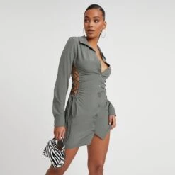 EGO Long Sleeve Lace Up Side Detail Mini Shirt Dress In Khaki
