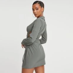 EGO Long Sleeve Lace Up Side Detail Mini Shirt Dress In Khaki -Sperrryego Store 29 11 22 pam30930 copy