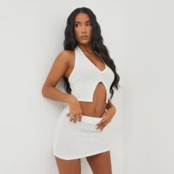 EGO Plunge Neck Split Front Halterneck Crop Top In Cream Nude Soft Ribbed Knit