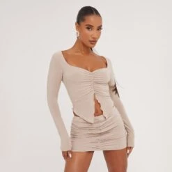 EGO Low Rise Ruched Detail Mini Bodycon Skirt In Stone Slinky -Sperrryego Store 30 05 23 ming106410 sq