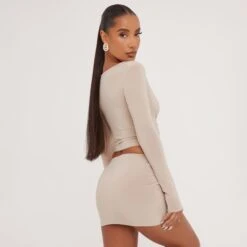 EGO Low Rise Ruched Detail Mini Bodycon Skirt In Stone Slinky -Sperrryego Store 30 05 23 ming106424 sq