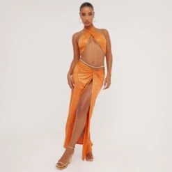 EGO Low Rise Knot Front Detail Split Leg Maxi Skirt In Orange Sequin -Sperrryego Store 30 05 23 ming106791 sq 2