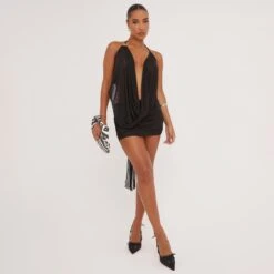 EGO High Waist Ruched Detail Mini Bodycon Skirt In Black Mesh