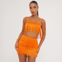 EGO High Waist Tassel Detail Mini Bodycon Skirt In Orange -Sperrryego Store 30 05 23 ming107151 s