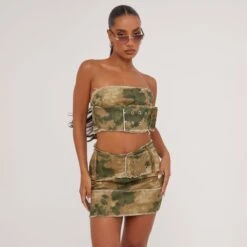 EGO Raw Hem Detail Belted Mini Bodycon Skirt In Khaki Camo Canvas 9 EGO Raw Hem Detail Belted Mini Bodycon Skirt In Khaki Camo Canvas -Sperrryego Store 30 05 23 ming107392 sq