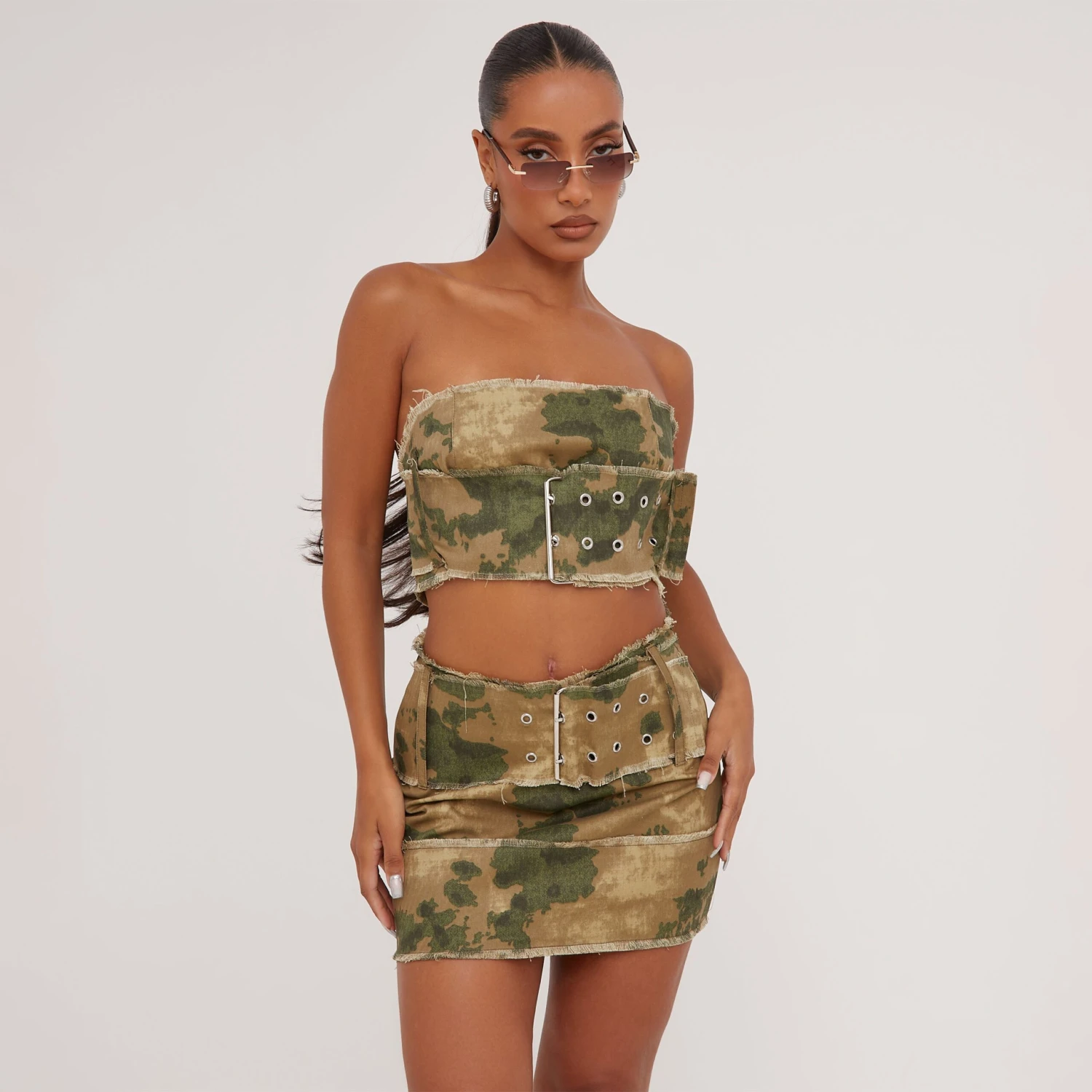EGO Raw Hem Detail Belted Mini Bodycon Skirt In Khaki Camo Canvas 6 EGO Raw Hem Detail Belted Mini Bodycon Skirt In Khaki Camo Canvas - Image 4
