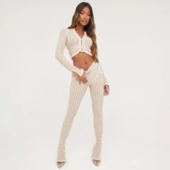 EGO Long Sleeve Tie Waist Detail Zip Up Cropped Cardigan In Stone Knit -Sperrryego Store 31 01 23 unya51385 s