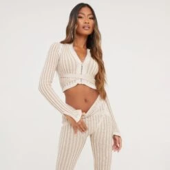EGO Long Sleeve Tie Waist Detail Zip Up Cropped Cardigan In Stone Knit