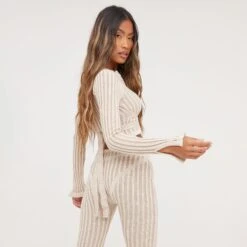 EGO Long Sleeve Tie Waist Detail Zip Up Cropped Cardigan In Stone Knit -Sperrryego Store 31 01 23 unya51433 s