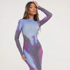 EGO Long Sleeve Body Print Maxi Dress In Blue Multi Mesh -Sperrryego Store 31 01 23 unya51590 s