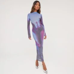 EGO Long Sleeve Body Print Maxi Dress In Blue Multi Mesh